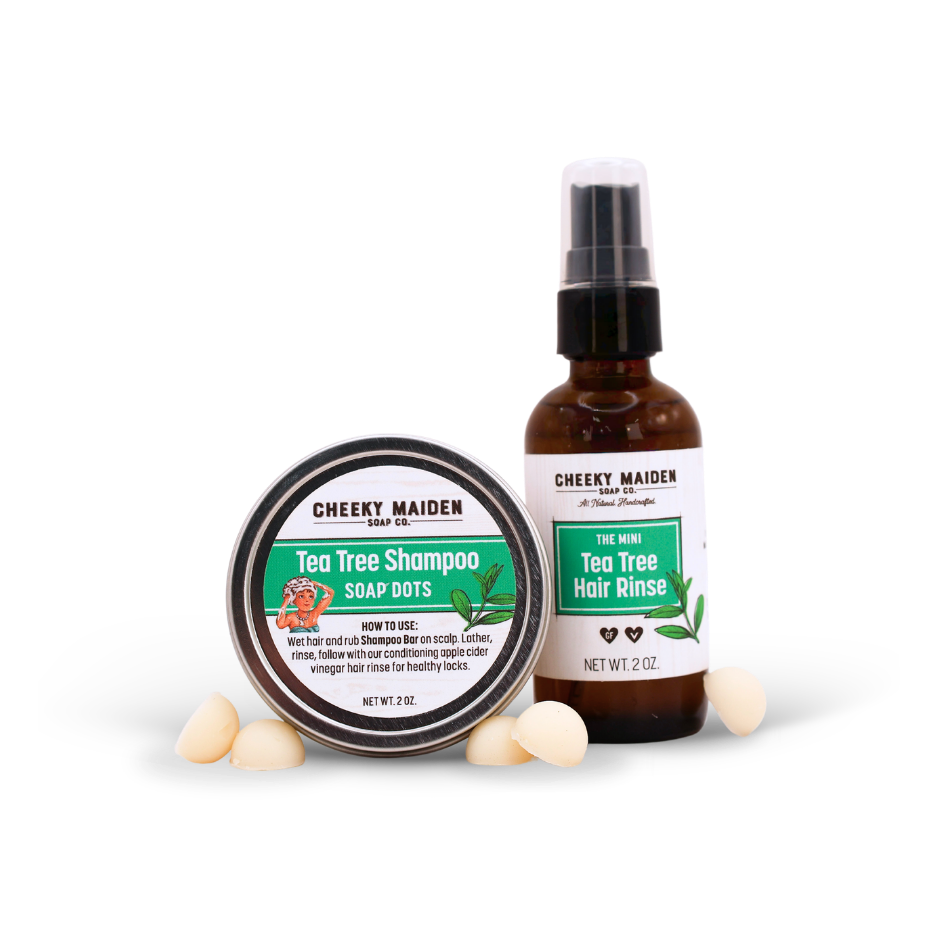 Cheeky Maiden Tea Tree Shampoo Soap Dots and Hair Rinse bottle on a white background
