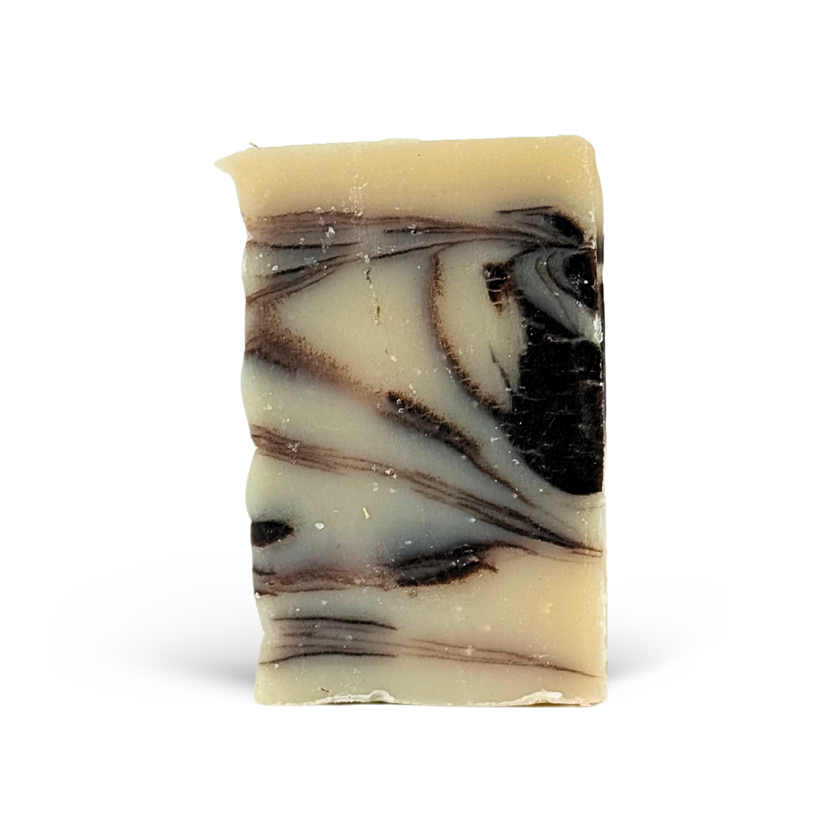 Marbled soap bar with brown and black swirls on a white background